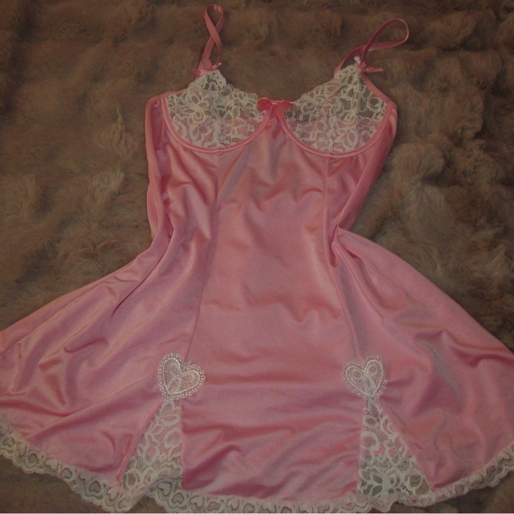 Fashion Nova Pink Lace-Trim Satin Slip Dress